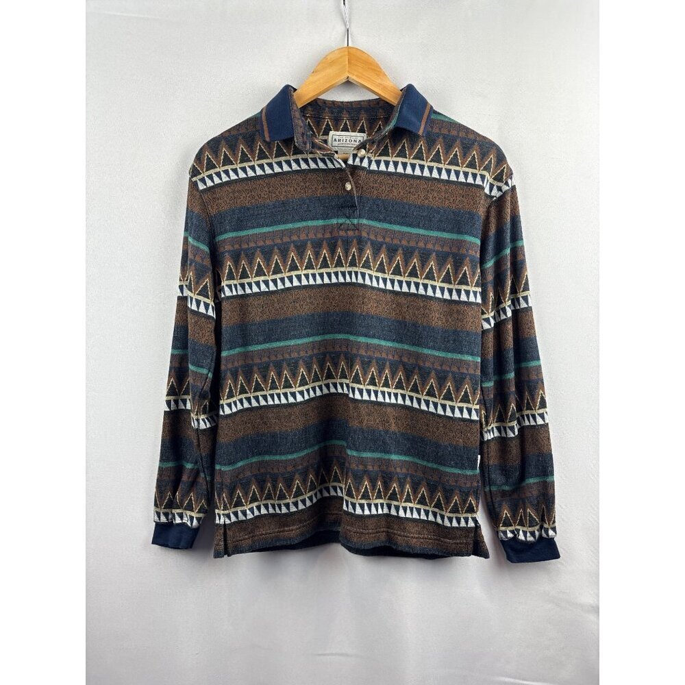 Vintage Arizona Jean Co. Womens Small Geometric Long Sleeve Polo Shirt